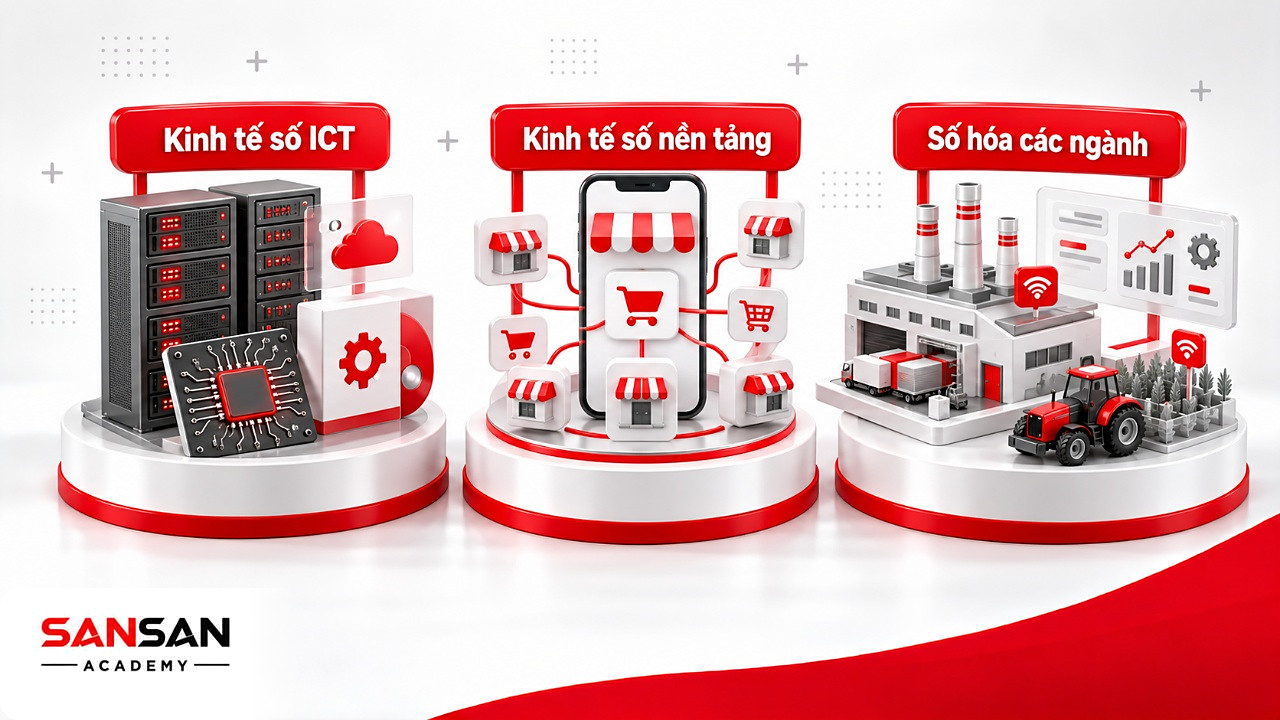 Ba bệ mô tả ba thành phần kinh tế số gồm ICT, kinh tế số nền tảng và kinh tế số trong các ngành