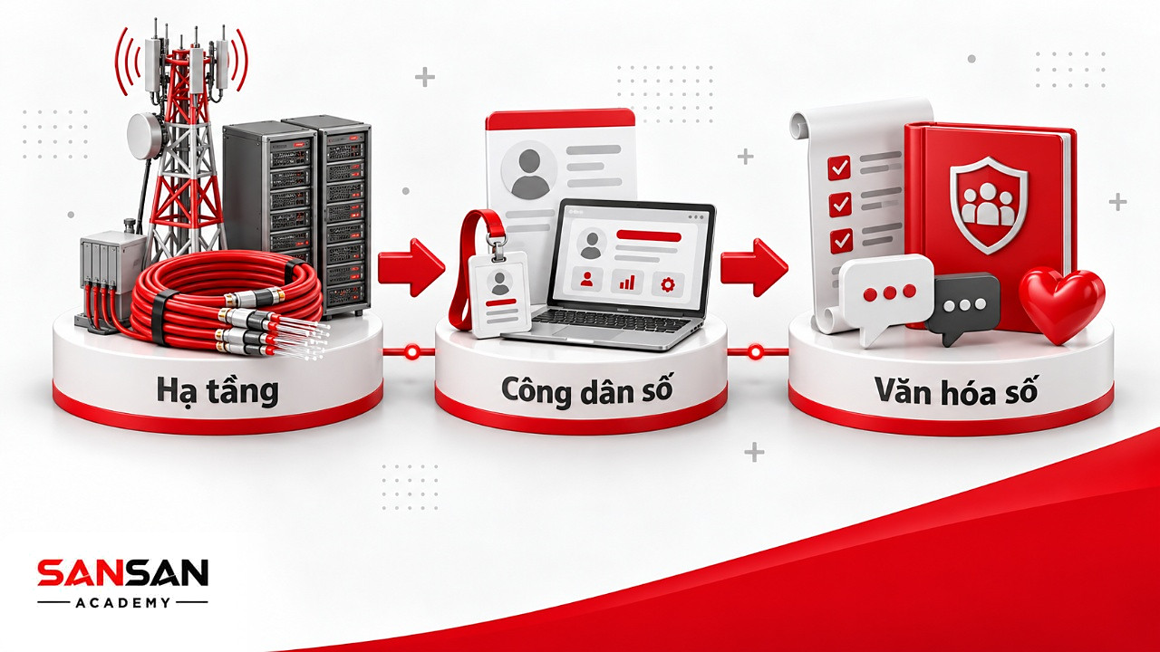 Ba thành phần của xã hội số: hạ tầng kết nối, công dân số và văn hóa số đặt trên ba bệ trắng.
