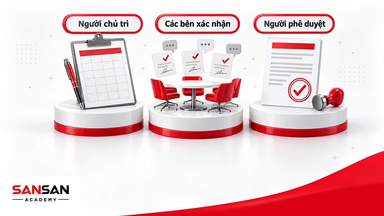 Ba vai trò lập ma trận RACI: người chủ trì, các bên xác nhận trách nhiệm và người phê duyệt