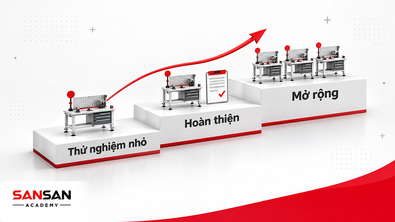 Bậc thang cải tiến nhỏ của Kaizen: thử trên một bàn làm việc, hoàn thiện theo dữ liệu rồi mở rộng ra nhiều bàn