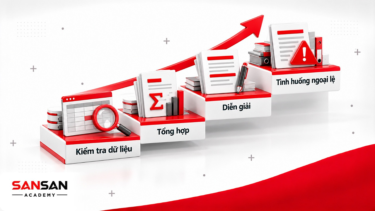 Bậc thang luyện báo cáo từ kiểm tra dữ liệu, tổng hợp, diễn giải tới ngoại lệ theo Growth Mindset