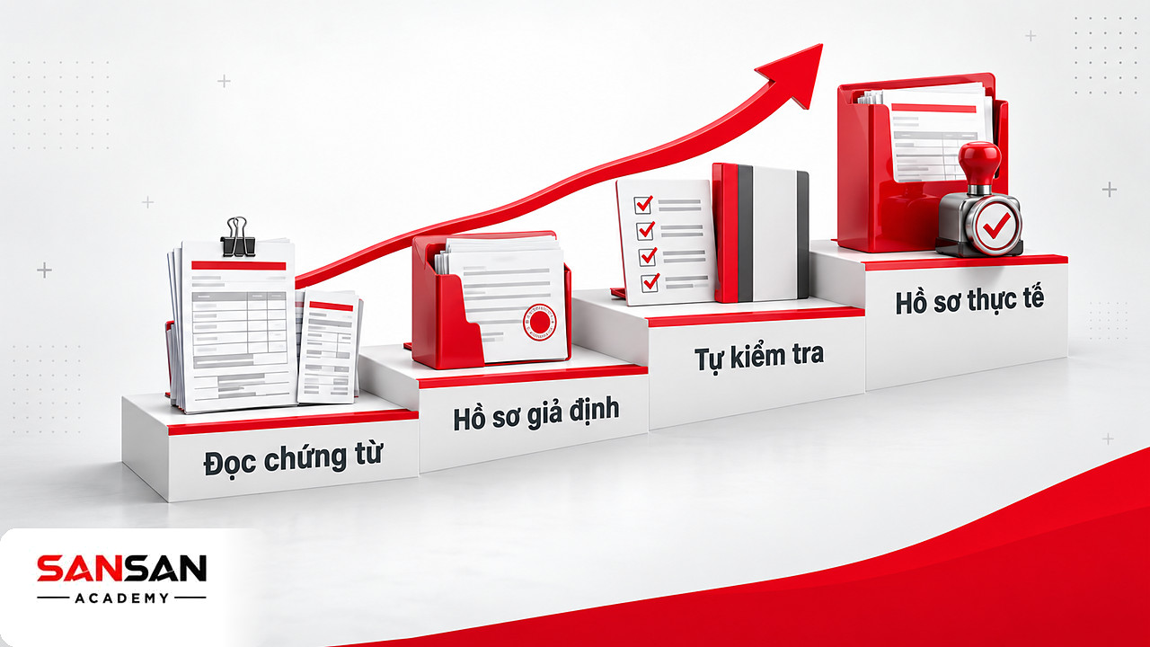 Bậc thang bốn chặng học kế toán thuế từ đọc chứng từ, làm hồ sơ giả định đến xử lý hồ sơ thực tế
