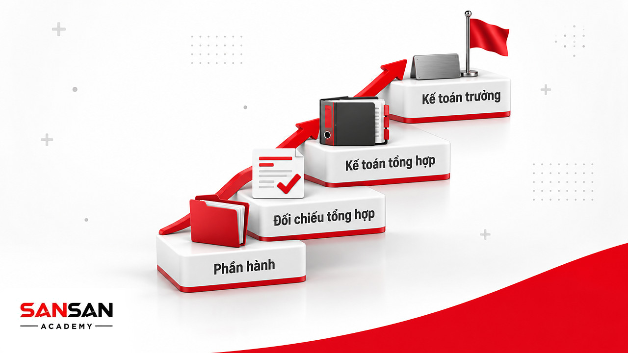 Bậc thang lộ trình nghề kế toán nội bộ từ một phần hành lên kế toán tổng hợp rồi kế toán trưởng