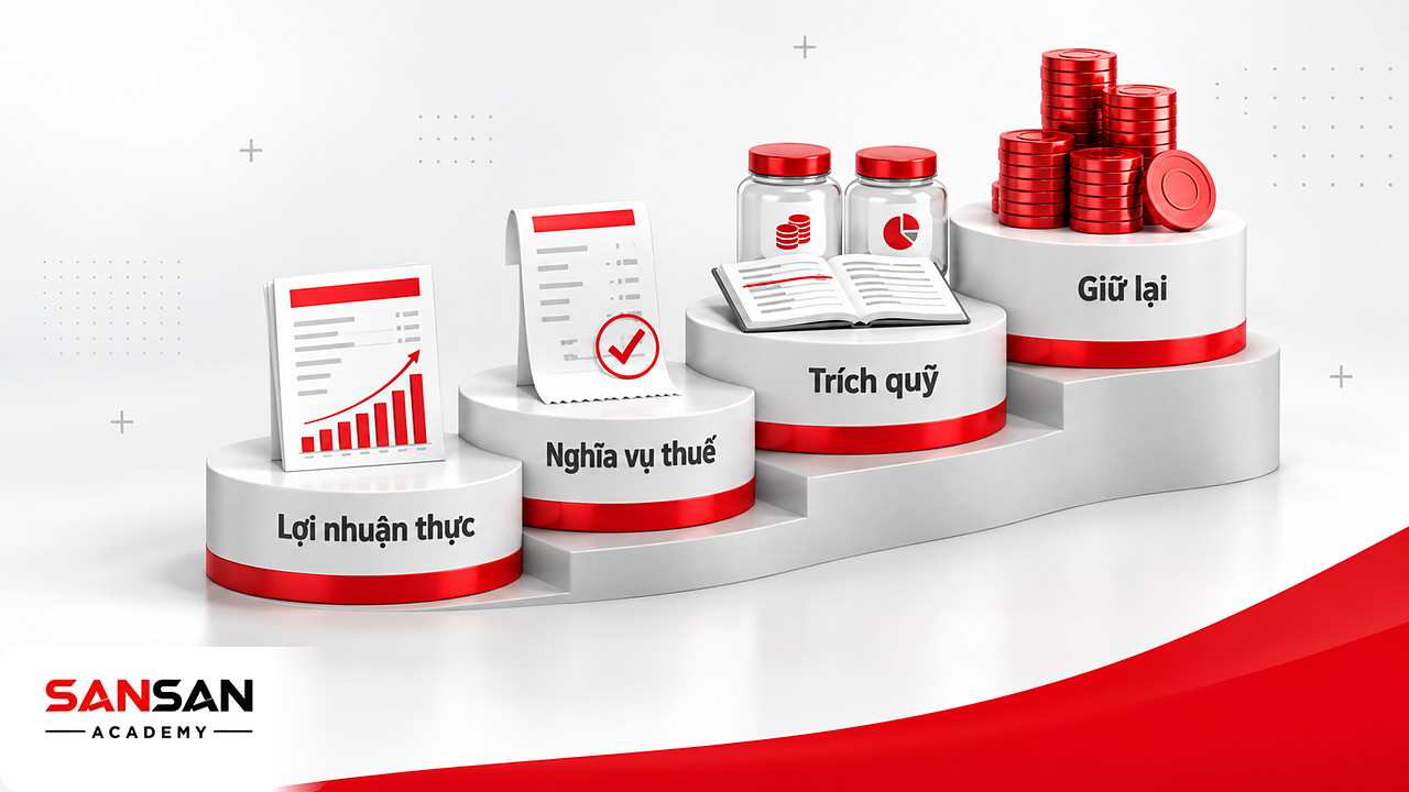 Bậc thang từ lợi nhuận đã thực hiện, nghĩa vụ thuế, trích quỹ đến lợi nhuận giữ lại trước khi chia cổ tức