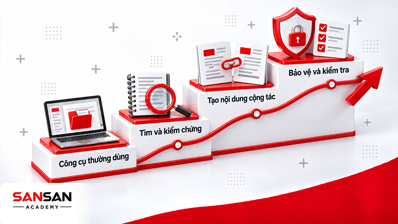 Bậc thang phát triển năng lực số từ công cụ thường dùng, kiểm chứng thông tin, cộng tác đến bảo vệ dữ liệu