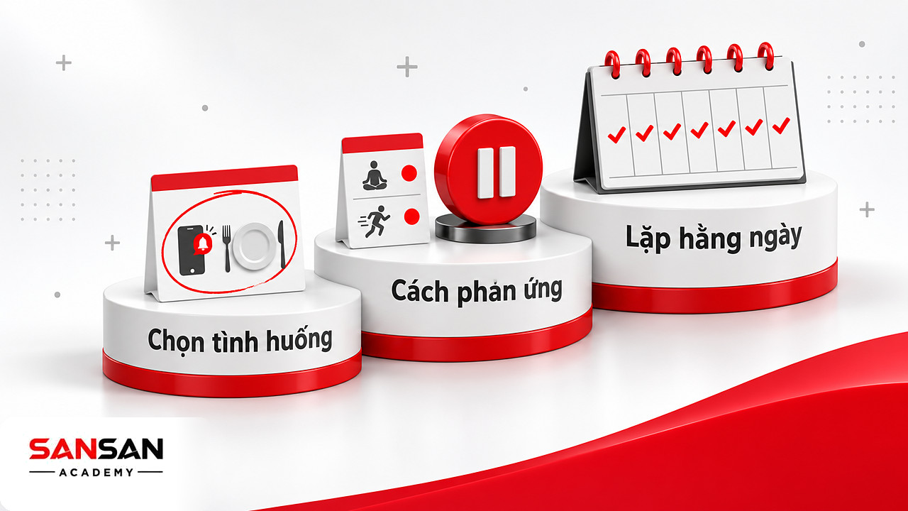 Bậc thang rèn luyện JOMO: chọn một tình huống, quyết định cách phản ứng mới và duy trì thói quen mỗi ngày.