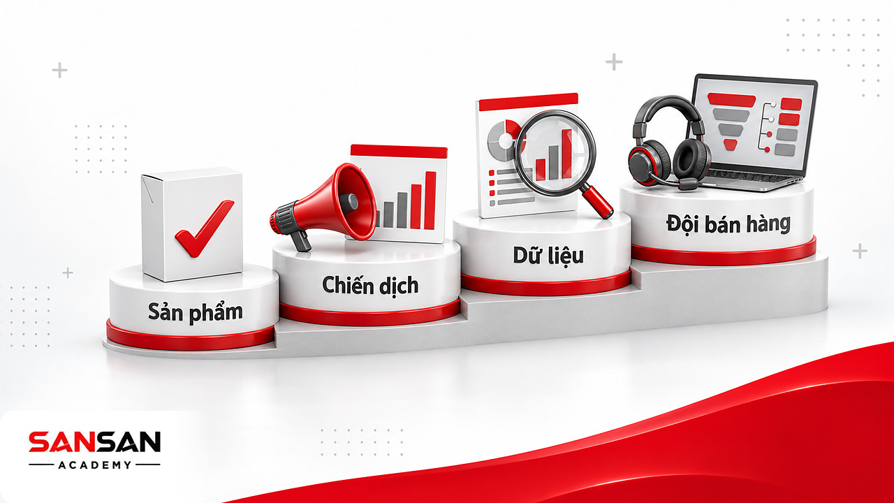 Bốn bậc thang nối sản phẩm, chiến dịch, dữ liệu và đội bán hàng trong roadmap marketing