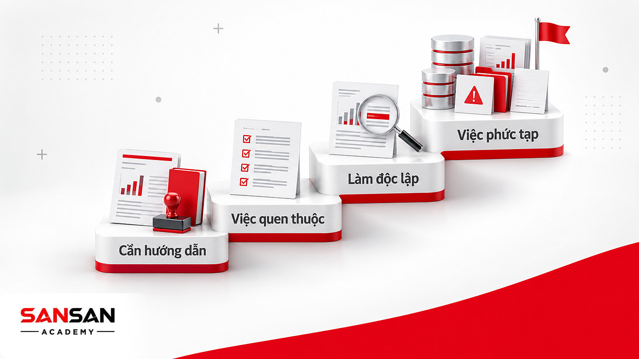 Bốn bậc thang đo năng lực kiểm tra dữ liệu, từ mức cần hướng dẫn đến tự xử lý nhiều nguồn và ngoại lệ