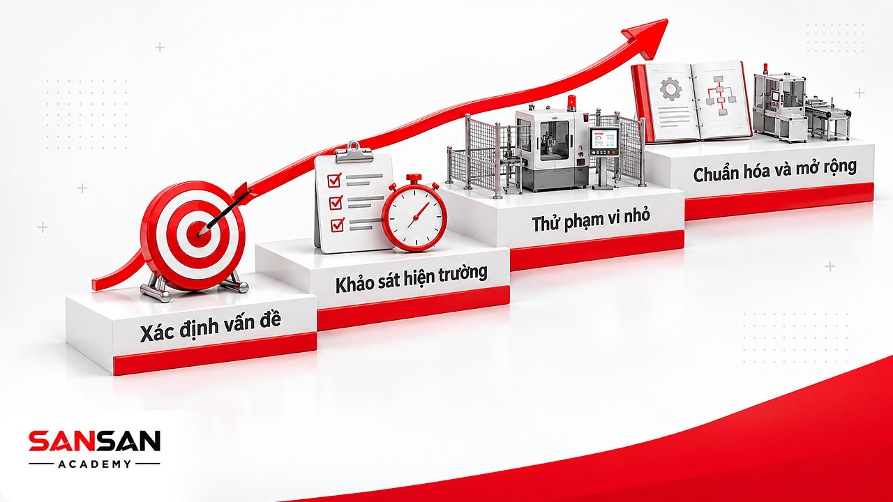 Bốn bậc triển khai Lean Manufacturing từ xác định vấn đề, khảo sát, thử nhỏ tới chuẩn hóa mở rộng