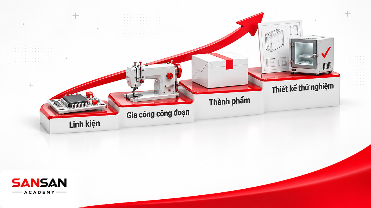 Bậc thang vai trò nhà máy OEM tại Việt Nam từ linh kiện, gia công, thành phẩm lên thiết kế và thử nghiệm