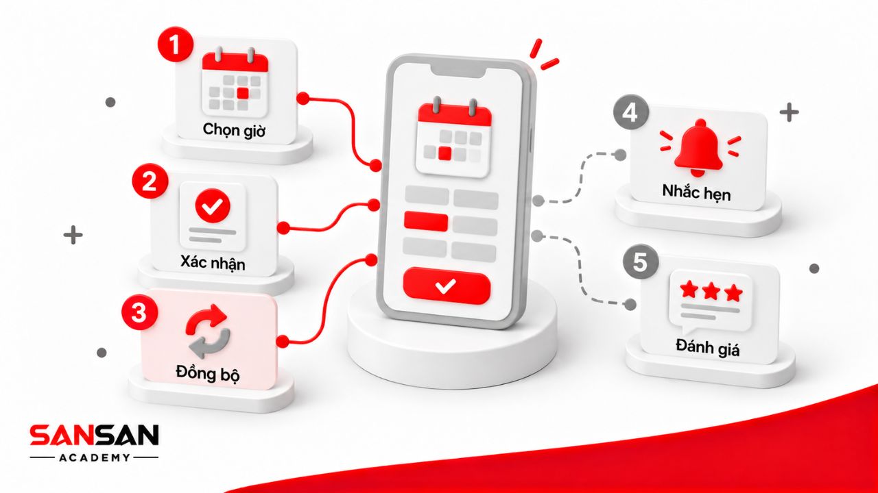 Backlog ứng dụng đặt lịch gồm chọn giờ, xác nhận, đồng bộ và nhắc hẹn.