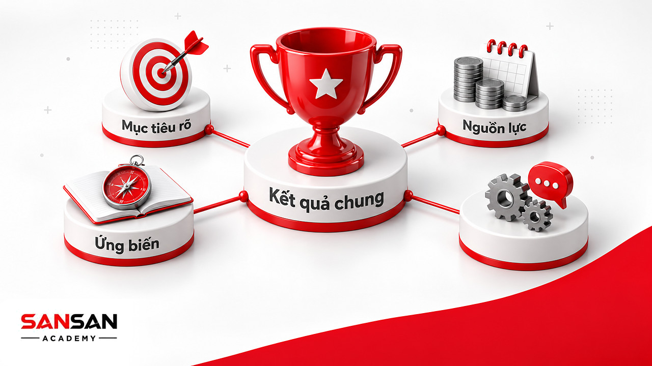 Chiếc cúp đỏ ở tâm nối với bảng mục tiêu, nguồn lực và la bàn, thể hiện bản chất phối hợp của quản trị