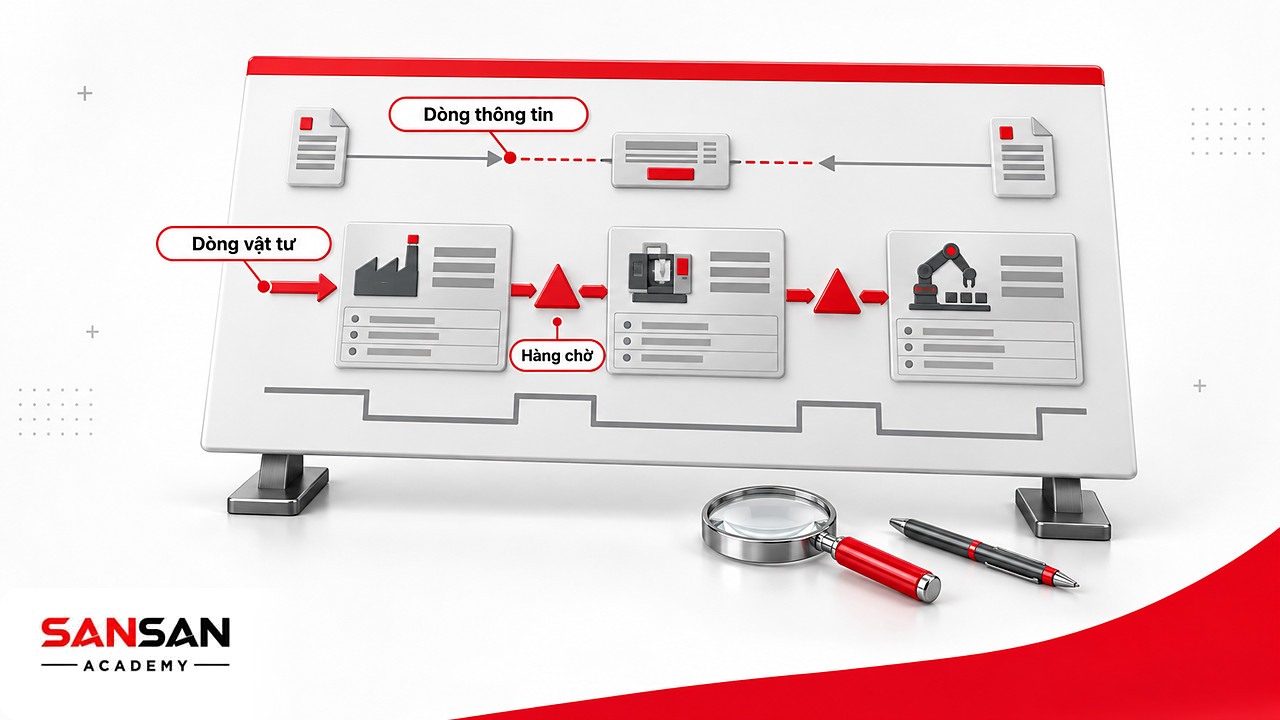 Bản đồ dòng giá trị VSM thể hiện dòng vật tư, hàng chờ và dòng thông tin trong Lean Manufacturing