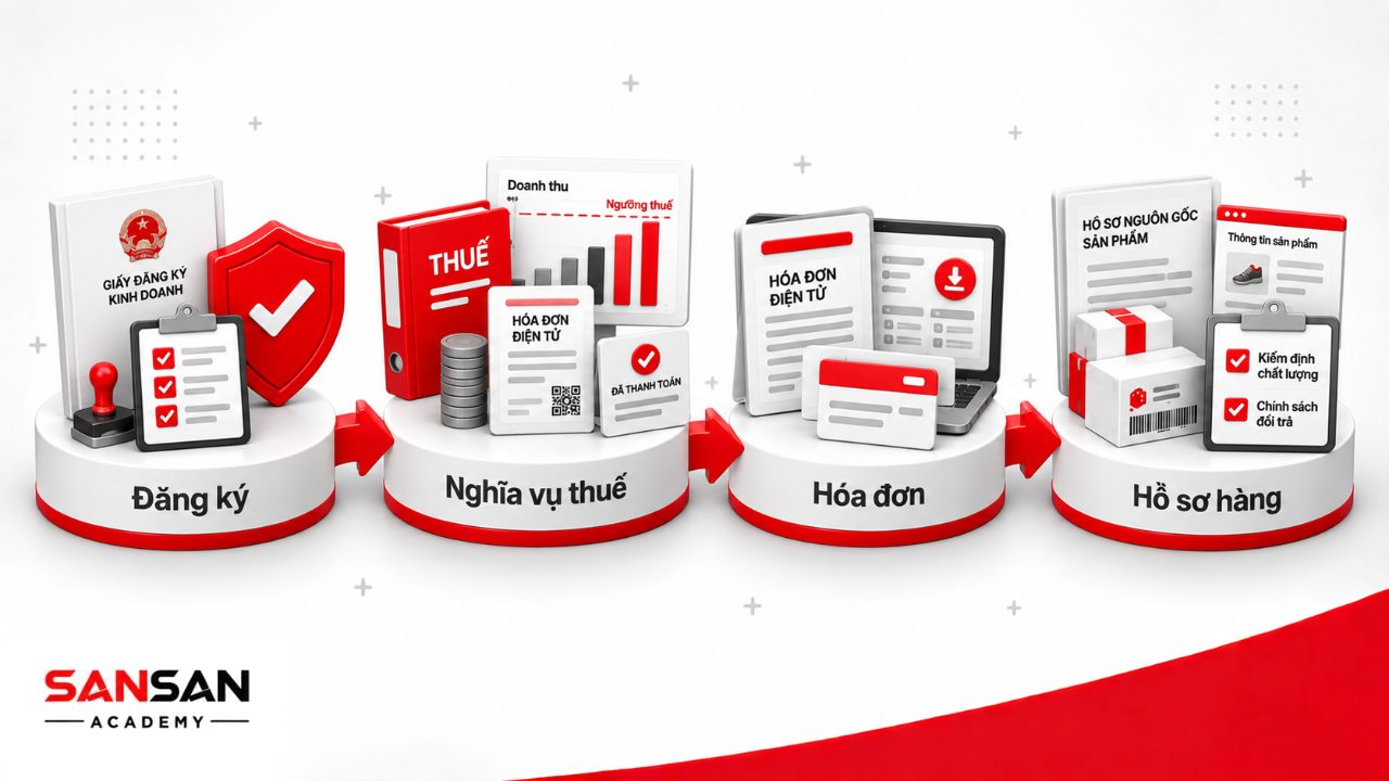 Bán hàng online với hồ sơ đăng ký kinh doanh, nghĩa vụ thuế, hóa đơn điện tử, nguồn gốc hàng hóa và chính sách giao dịch.