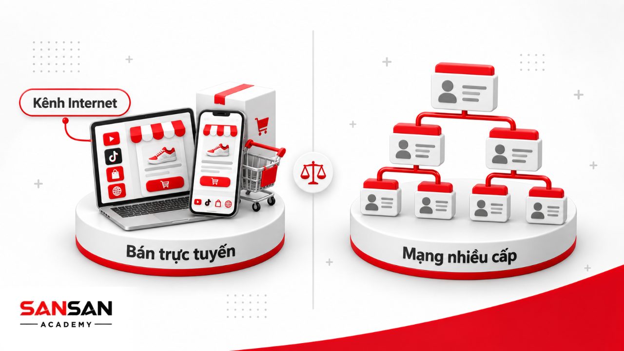 Bán hàng online qua mạng xã hội, sàn và website được minh họa đối chiếu với mô hình mạng lưới nhiều cấp.