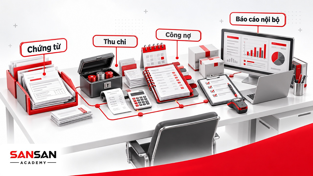 Bàn làm việc của kế toán nội bộ với chứng từ, quỹ tiền, sổ công nợ, phiếu kho và báo cáo liên kết nhau