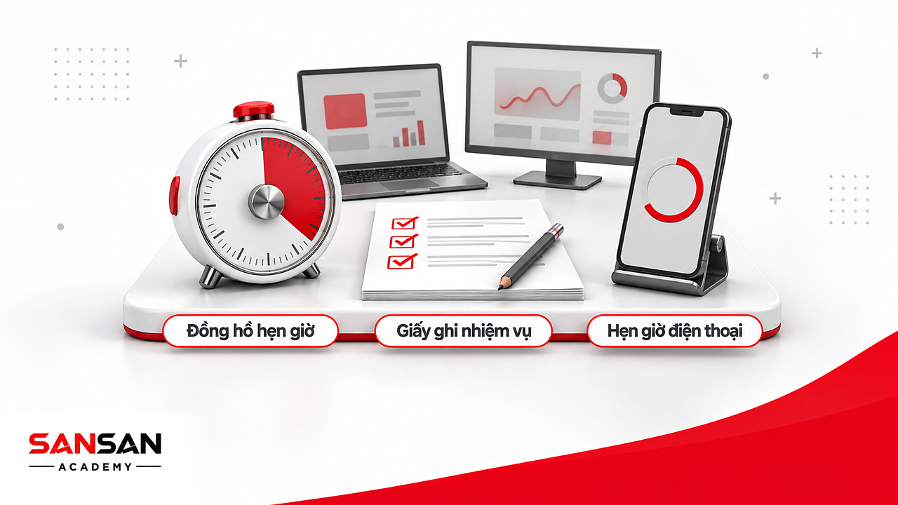 Bàn làm việc với đồng hồ hẹn giờ, giấy ghi nhiệm vụ và hẹn giờ trên điện thoại cho Pomodoro