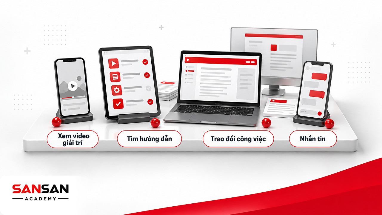 Bàn làm việc với bốn thiết bị cho thấy một người dùng mạng xã hội cho nhiều mục đích khác nhau