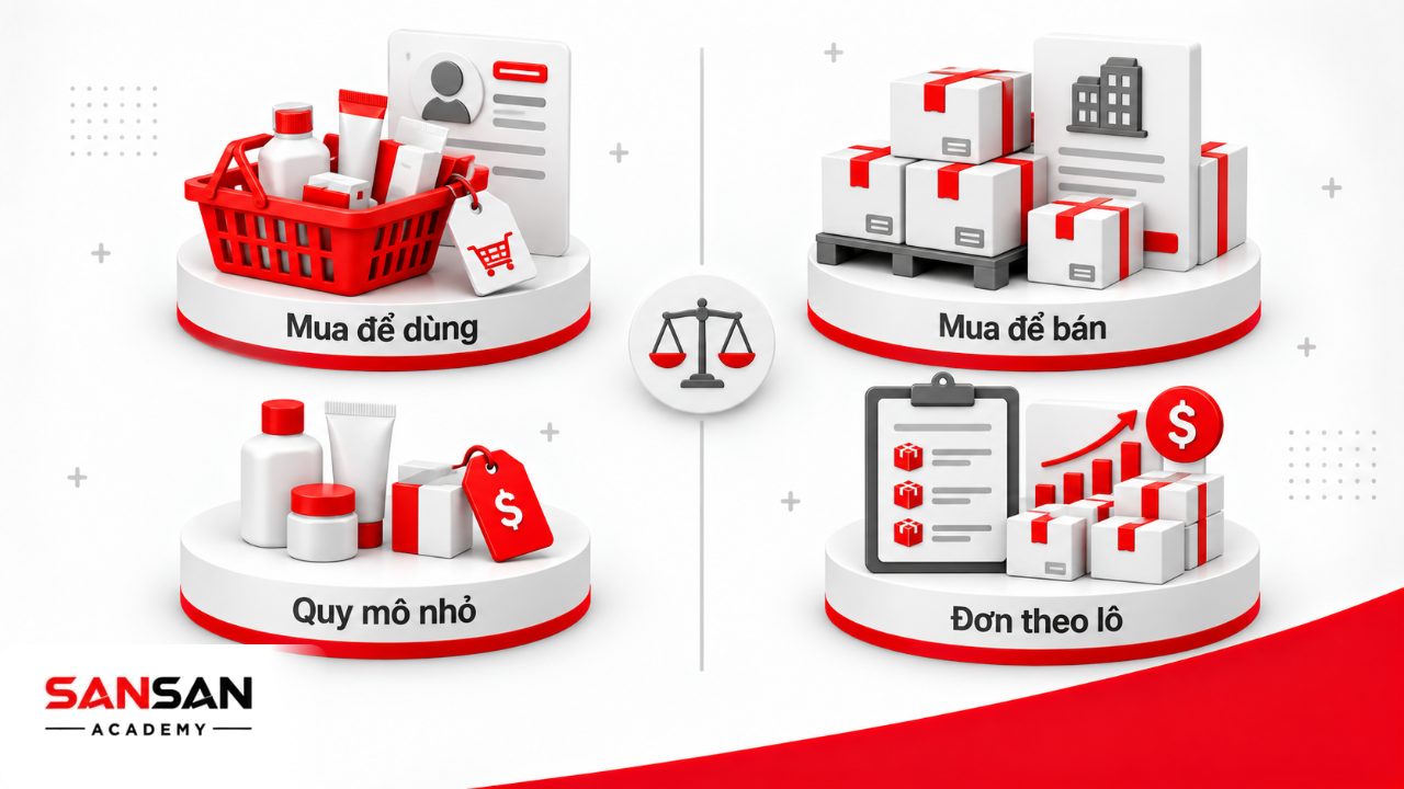 So sánh bán lẻ và bán buôn theo mục đích mua, khách hàng, quy mô giao dịch và chính sách giá.