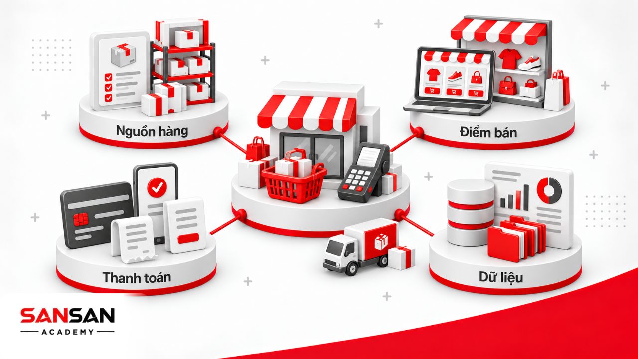 Hệ thống bán lẻ gồm nguồn hàng, tồn kho, điểm bán, thanh toán, giao nhận và dữ liệu phối hợp với nhau.
