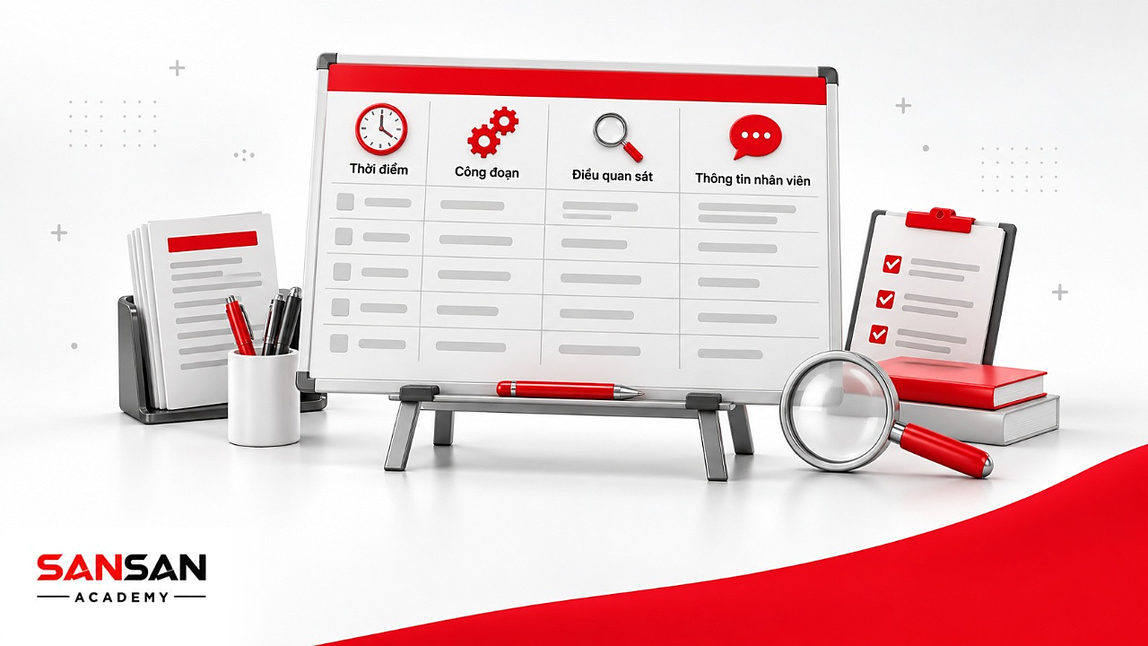 Biểu mẫu ghi nhận Gemba với các cột thời điểm, công đoạn, điều quan sát và thông tin nhân viên