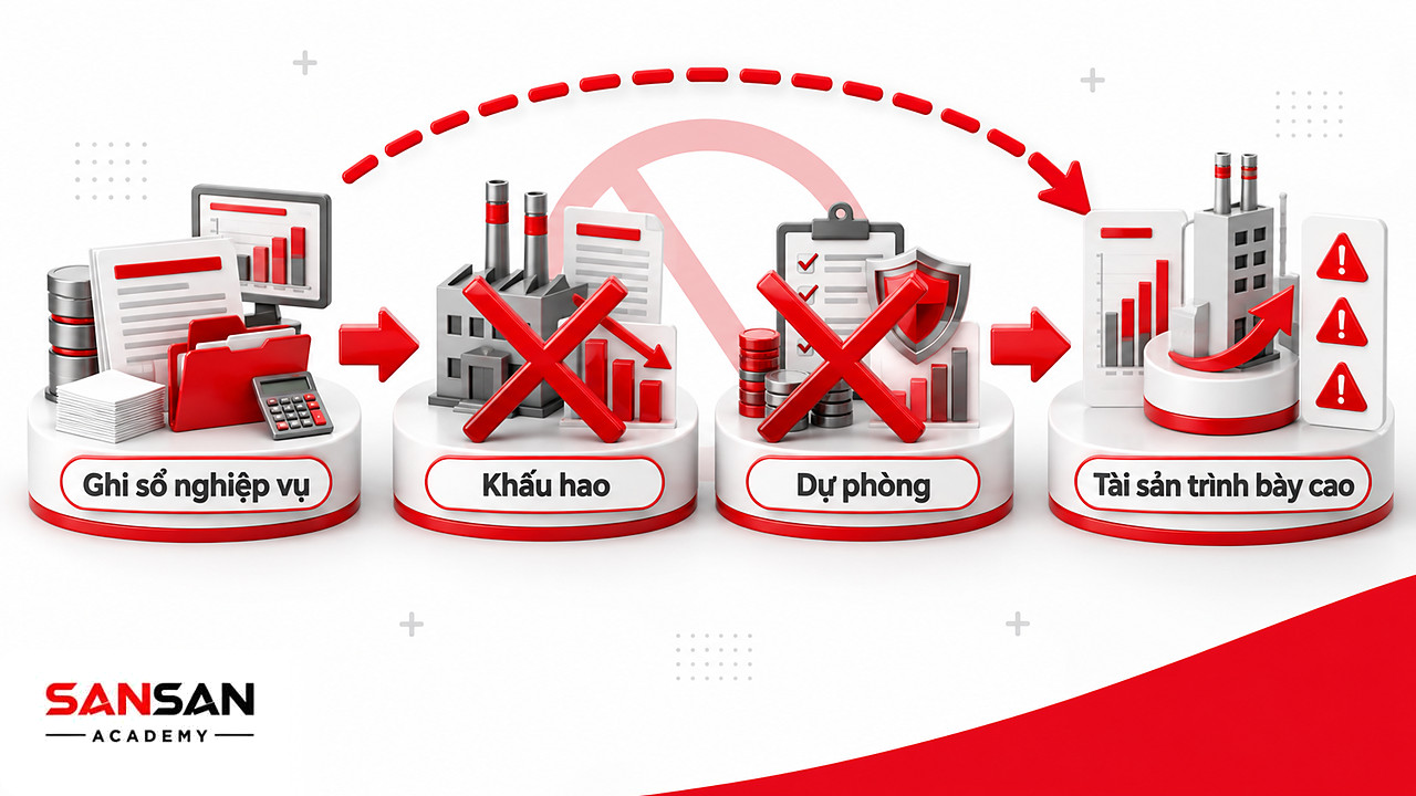 Chuỗi bước lập bảng cân đối kế toán bỏ qua khấu hao và dự phòng khiến tài sản cố định bị trình bày cao hơn
