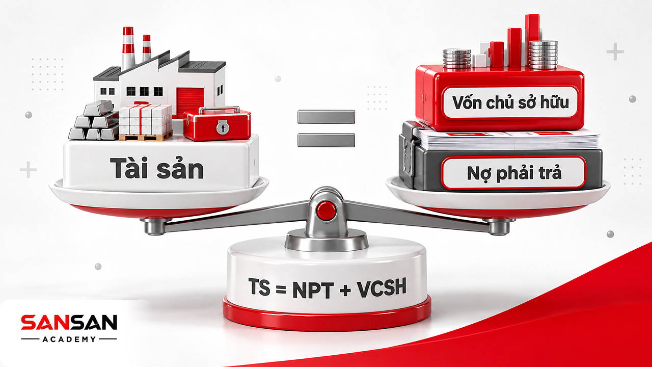 Cán cân thăng bằng của bảng cân đối kế toán: tài sản một bên, nợ phải trả cộng vốn chủ sở hữu một bên