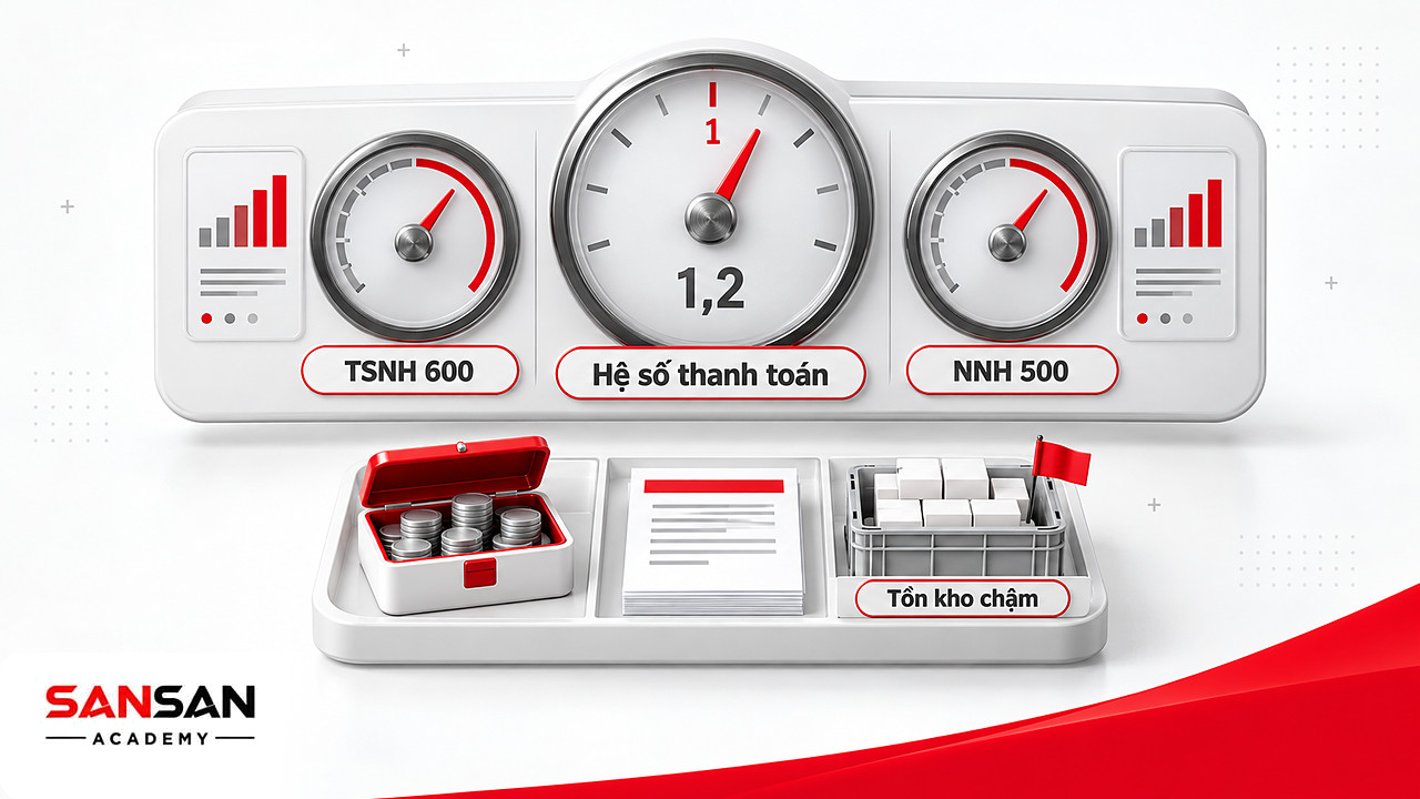 Đồng hồ đo hệ số thanh toán hiện hành 1,2 lấy từ bảng cân đối kế toán: tài sản ngắn hạn 600, nợ ngắn hạn 500