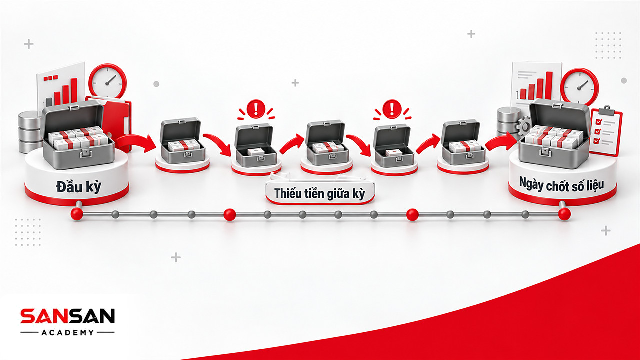 Dòng thời gian cho thấy bảng cân đối kế toán chỉ chụp số dư ngày chốt, không thấy những lần thiếu tiền giữa kỳ