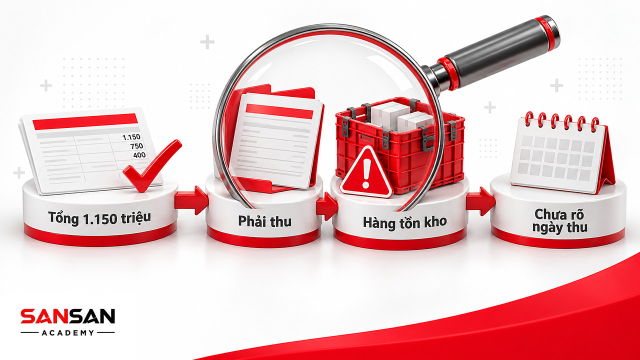 Kính lúp soi khoản phải thu và hàng tồn kho trên bảng cân đối kế toán đã cân 1.150 triệu đồng
