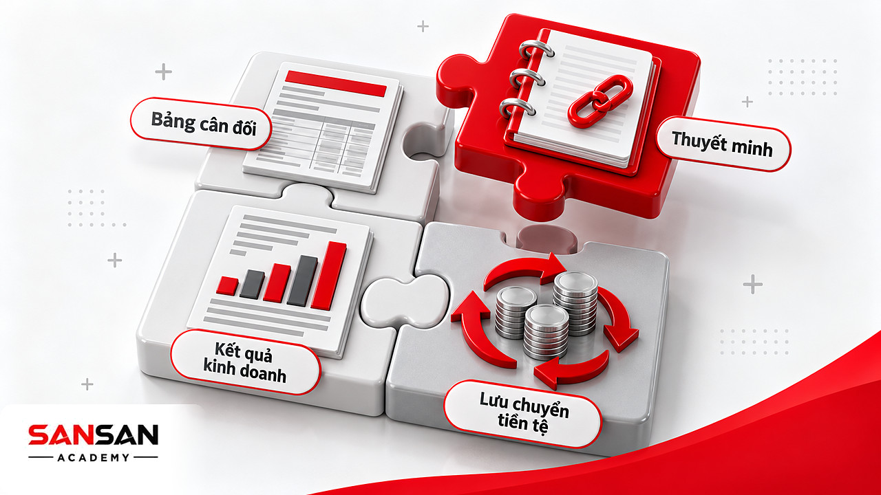 Mảnh ghép bảng cân đối kế toán với báo cáo kết quả kinh doanh, lưu chuyển tiền tệ và thuyết minh