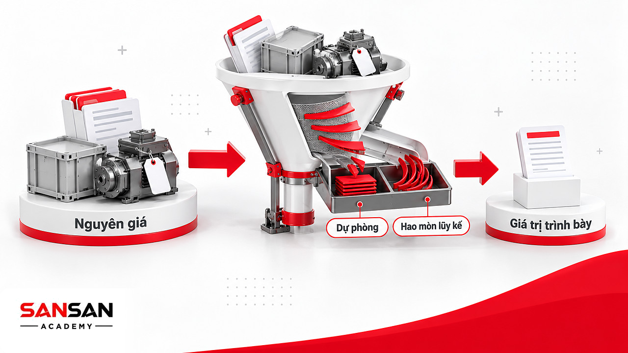 Phễu tổng hợp chỉ tiêu tài sản trên bảng cân đối kế toán: trừ dự phòng và hao mòn lũy kế ra giá trị trình bày