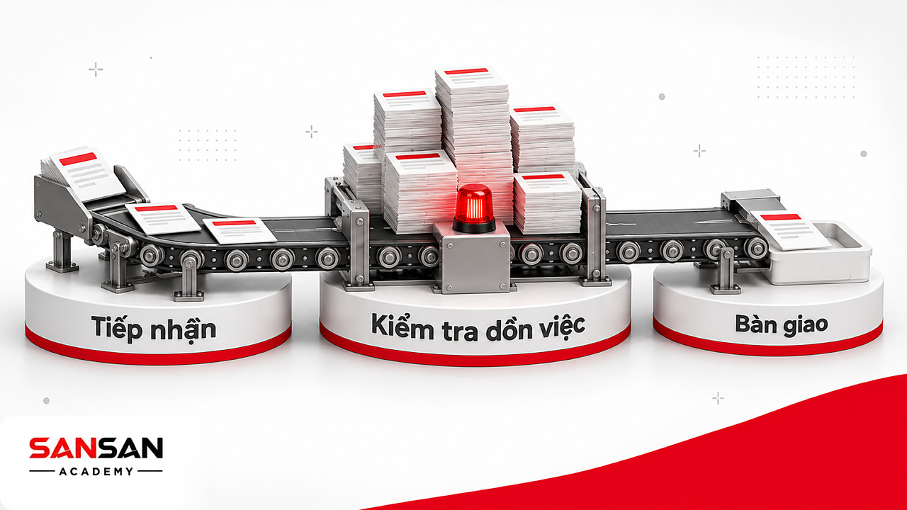 Băng chuyền Kanban với thẻ công việc dồn lại ở trạm kiểm tra trước khi bàn giao