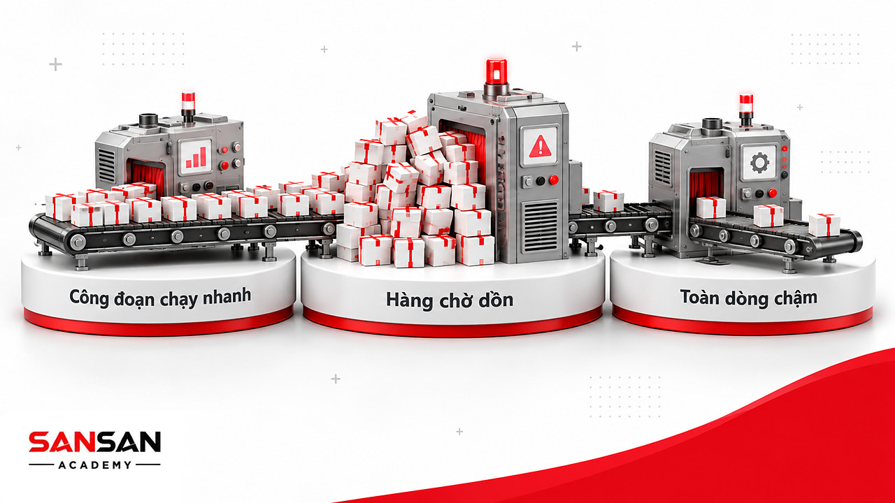 Băng chuyền với công đoạn đầu chạy nhanh làm hàng dồn ở khâu sau, sai lầm khi áp dụng Lean Manufacturing
