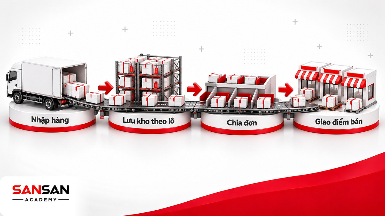 Băng chuyền kho vận của nhà phân phối: nhập hàng, lưu kho theo lô, chia đơn và giao tới điểm bán