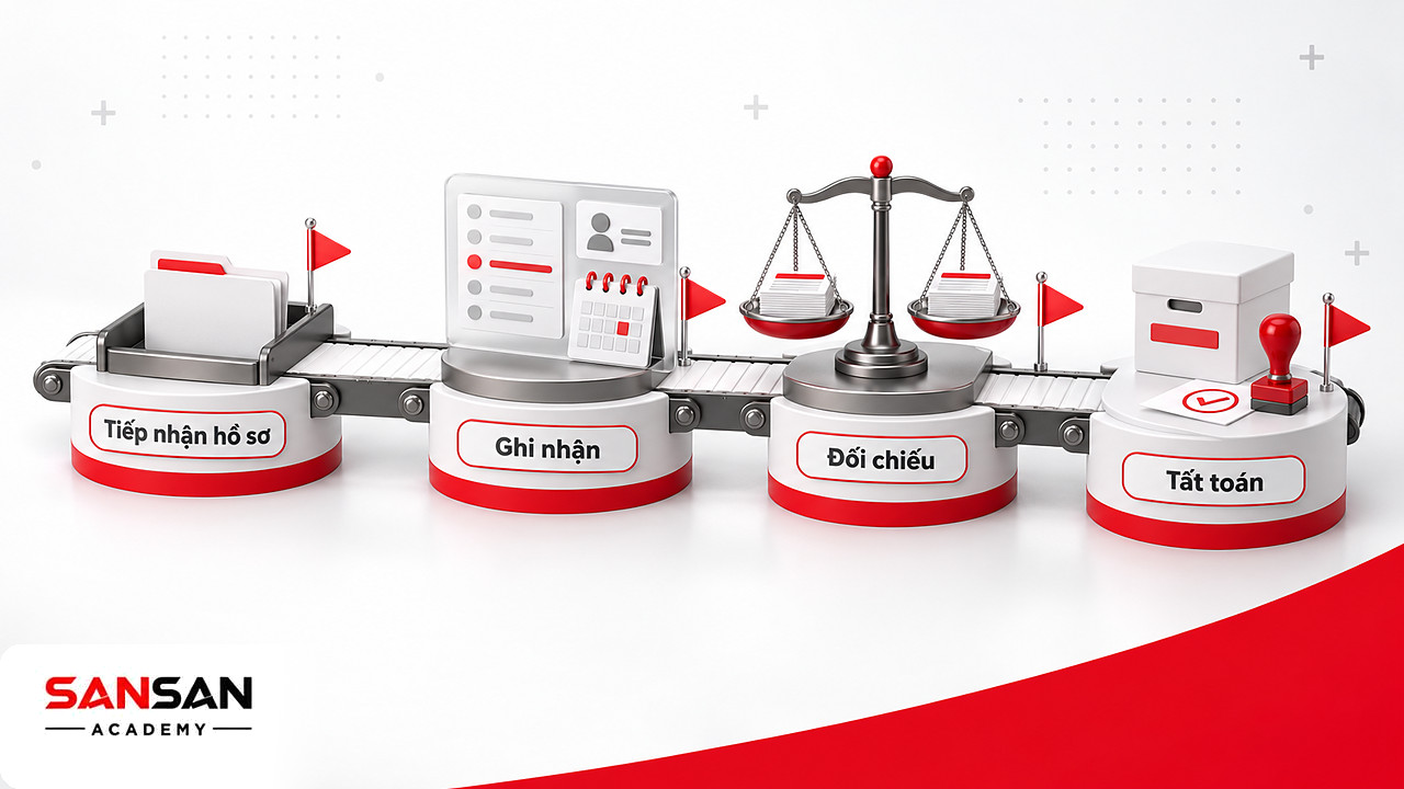Băng chuyền đưa hồ sơ qua các trạm tiếp nhận, ghi nhận, đối chiếu và tất toán công nợ