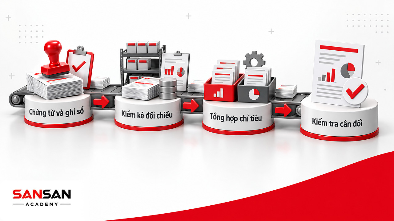 Băng chuyền đưa chứng từ qua các trạm đối chiếu, tổng hợp và kiểm tra để lập bảng cân đối kế toán
