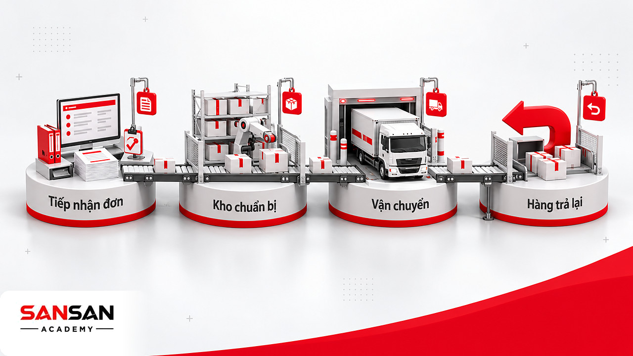 Băng chuyền đơn hàng qua tiếp nhận, kho chuẩn bị, vận chuyển và hàng trả lại trong quy trình logistics