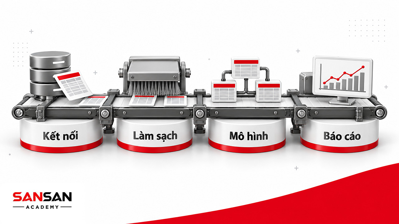 Băng chuyền bốn trạm kết nối, làm sạch, mô hình và báo cáo trong quy trình Power BI