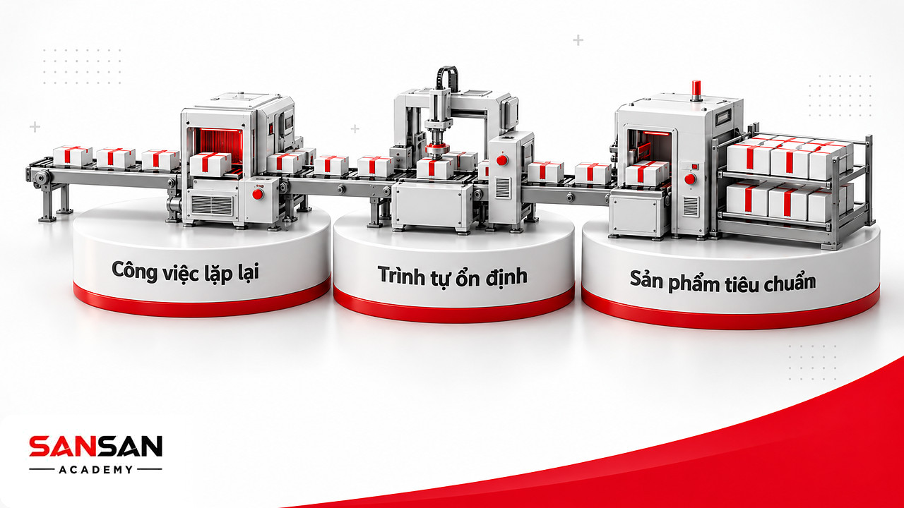 Băng chuyền sản xuất hàng loạt với các trạm lặp lại tạo ra sản phẩm tiêu chuẩn đồng đều