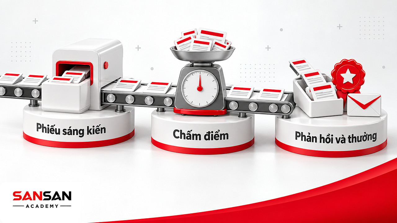 Băng chuyền sáng kiến Kaizen: phiếu ý tưởng đi qua hộp tiếp nhận, khâu chấm điểm rồi tới phản hồi và thưởng