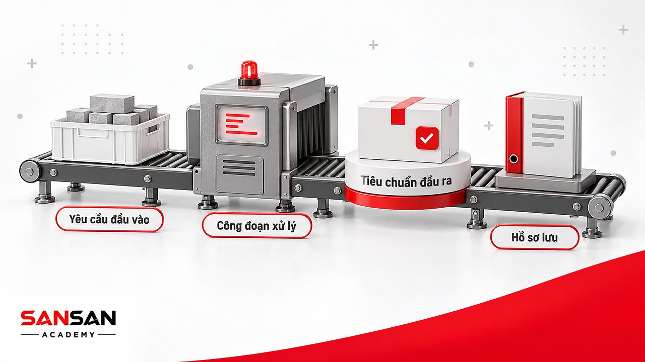 Băng chuyền thể hiện đầu vào, công đoạn xử lý, tiêu chuẩn đầu ra và hồ sơ của quy trình sản xuất