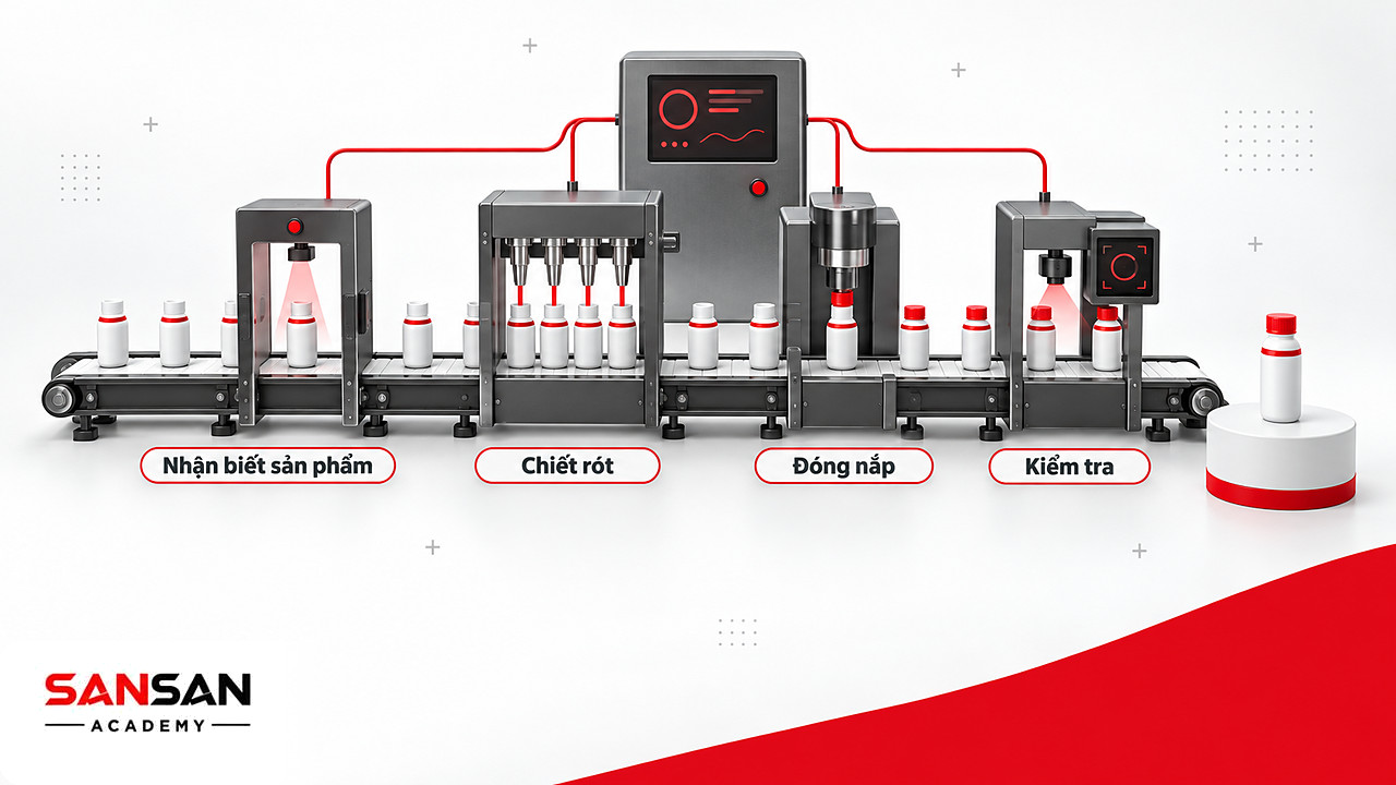 Băng chuyền tự động hóa nhận biết chai, chiết rót, đóng nắp rồi chuyển sang kiểm tra theo lệnh của tủ điều khiển