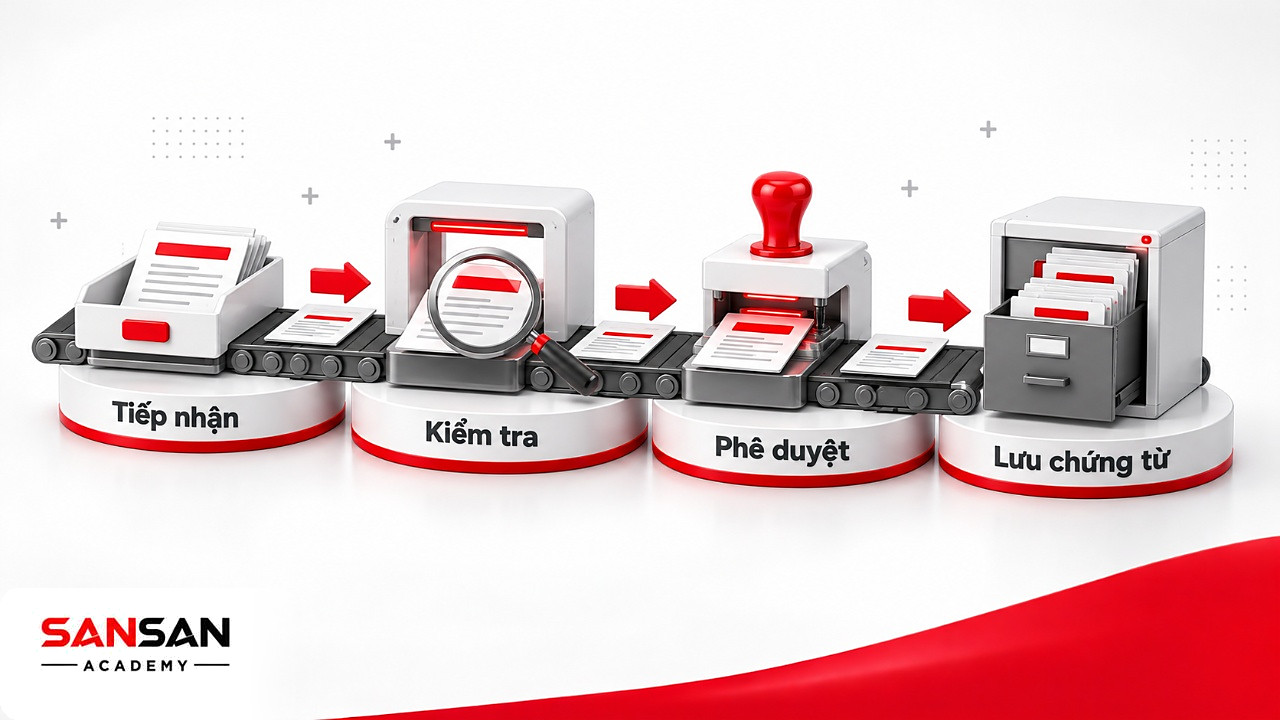 Băng chuyền xử lý chứng từ kế toán thuê ngoài BPO qua tiếp nhận, kiểm tra, phê duyệt và lưu trữ