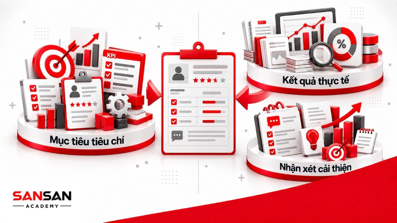 Bảng đánh giá nhân viên đối chiếu mục tiêu và tiêu chí đã thống nhất với kết quả thực tế, bằng chứng và kế hoạch cải thiện.