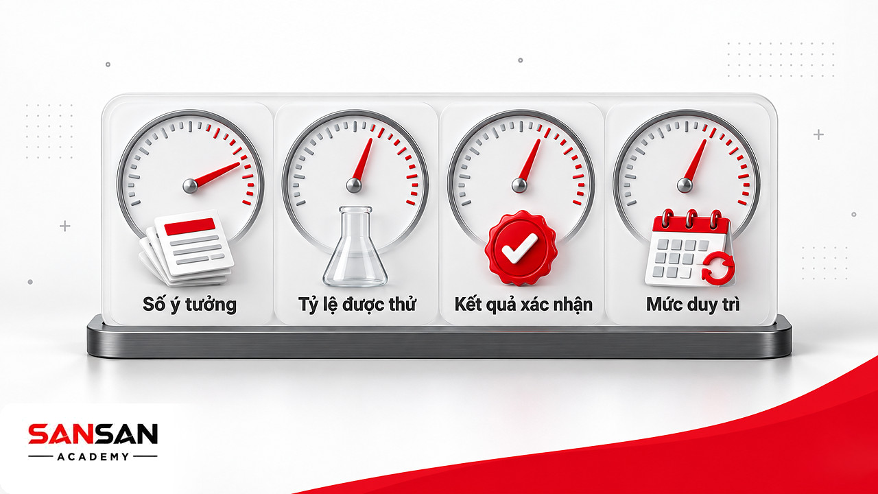Bảng điều khiển đo sáng kiến Kaizen: số ý tưởng, tỷ lệ được thử, kết quả xác nhận và mức duy trì