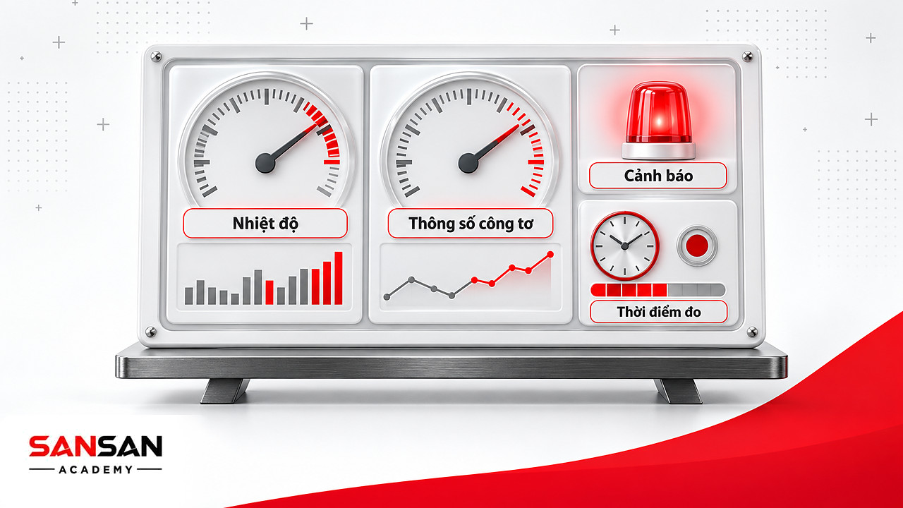 Bảng điều khiển IoT giám sát nhiệt độ, thông số công tơ, đèn cảnh báo và thời điểm đo của trạm biến áp