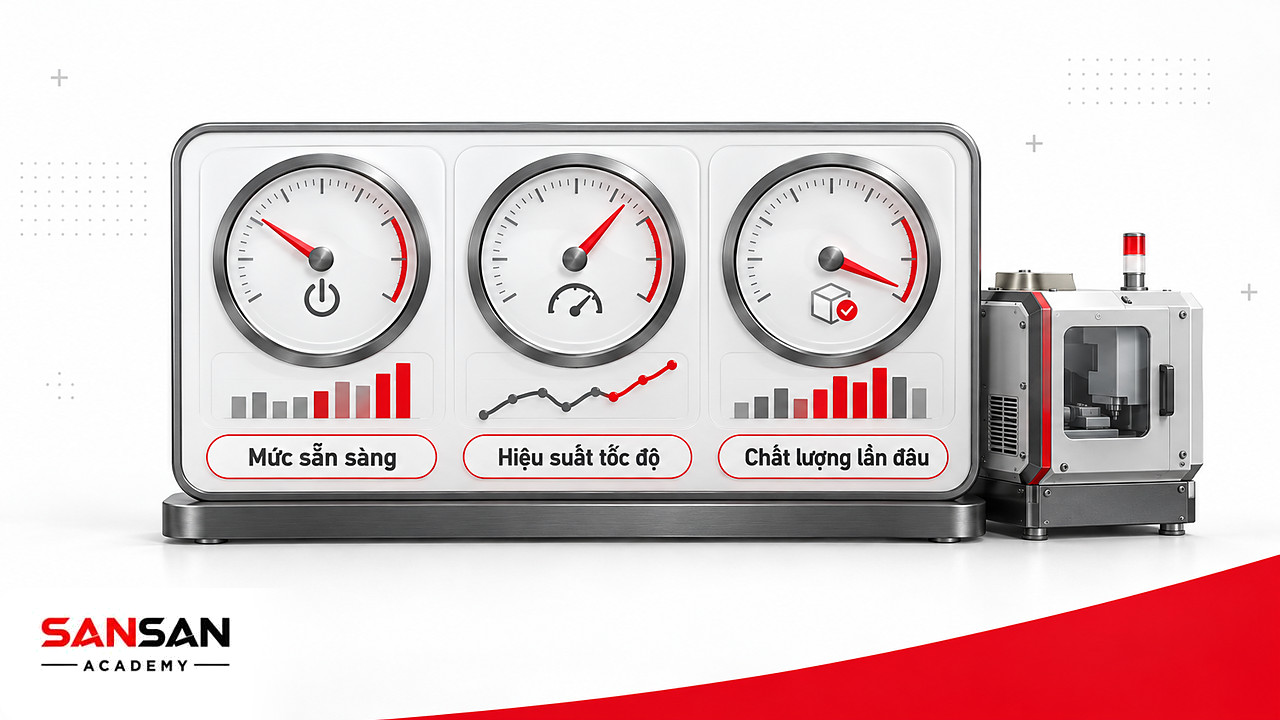 Bảng điều khiển OEE trong công nghiệp thông minh gồm mức sẵn sàng, hiệu suất tốc độ và chất lượng lần đầu