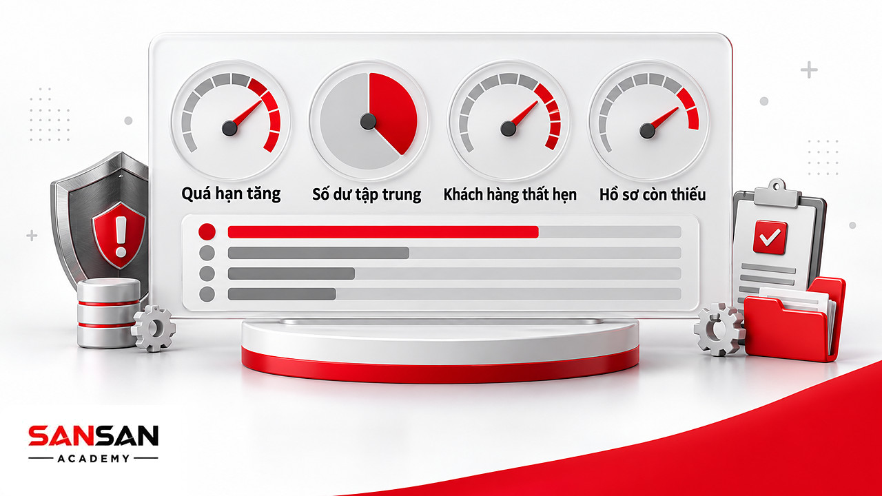 Bảng điều khiển đồng hồ đo các chỉ số rủi ro công nợ như quá hạn tăng và số dư tập trung