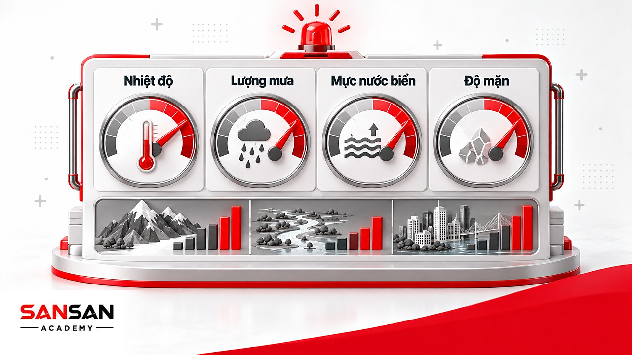 Bốn đồng hồ nhiệt độ, mưa, nước biển, độ mặn đo biến đổi khí hậu khi một vấn đề môi trường trở thành rủi ro rõ rệt